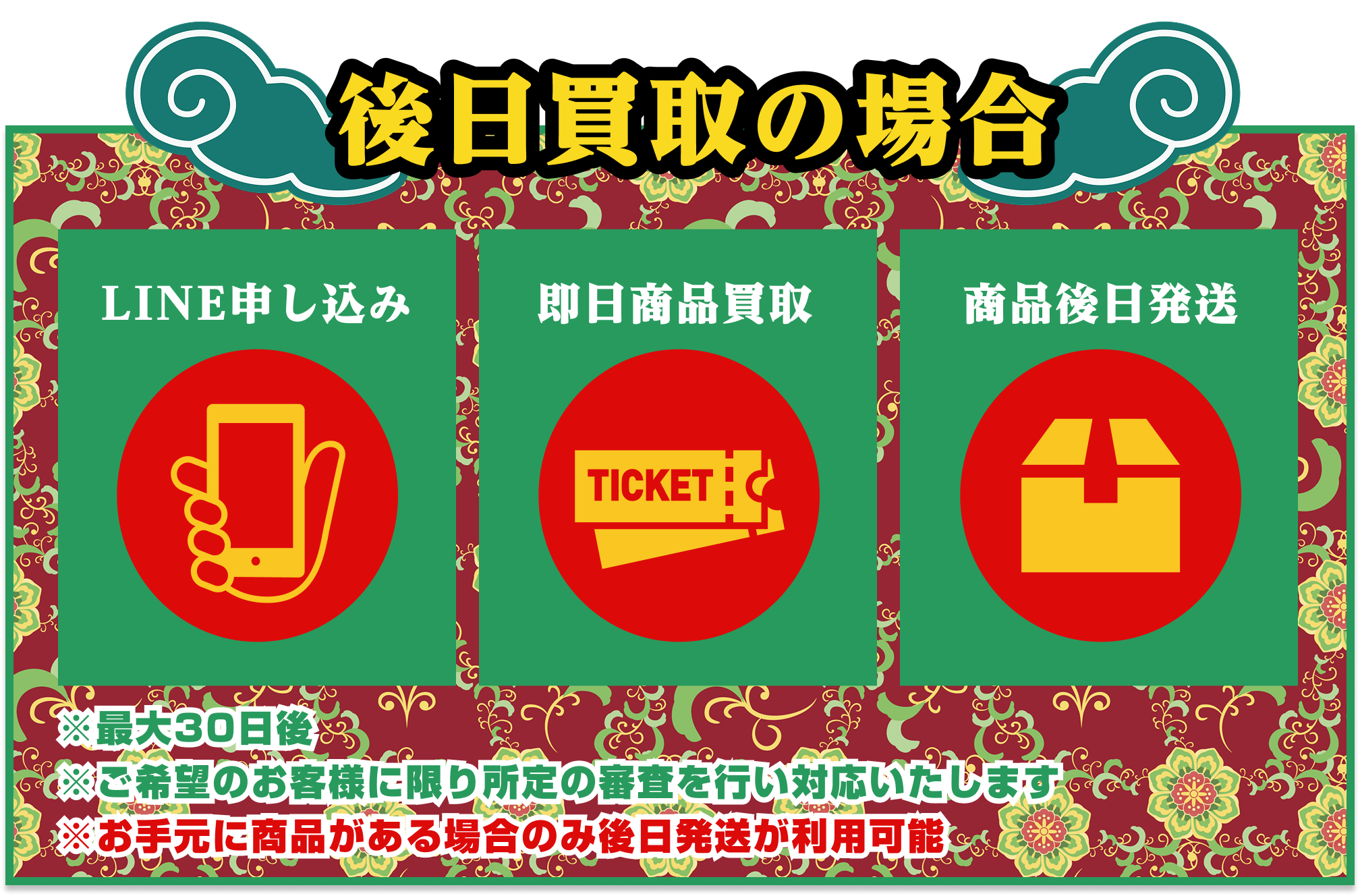 [後日郵送の場合]①LINE申し込み②即日商品買取③商品後日発送｜※最大30日後 ※ご希望のお客様に限り所定の審査を行い対応します。