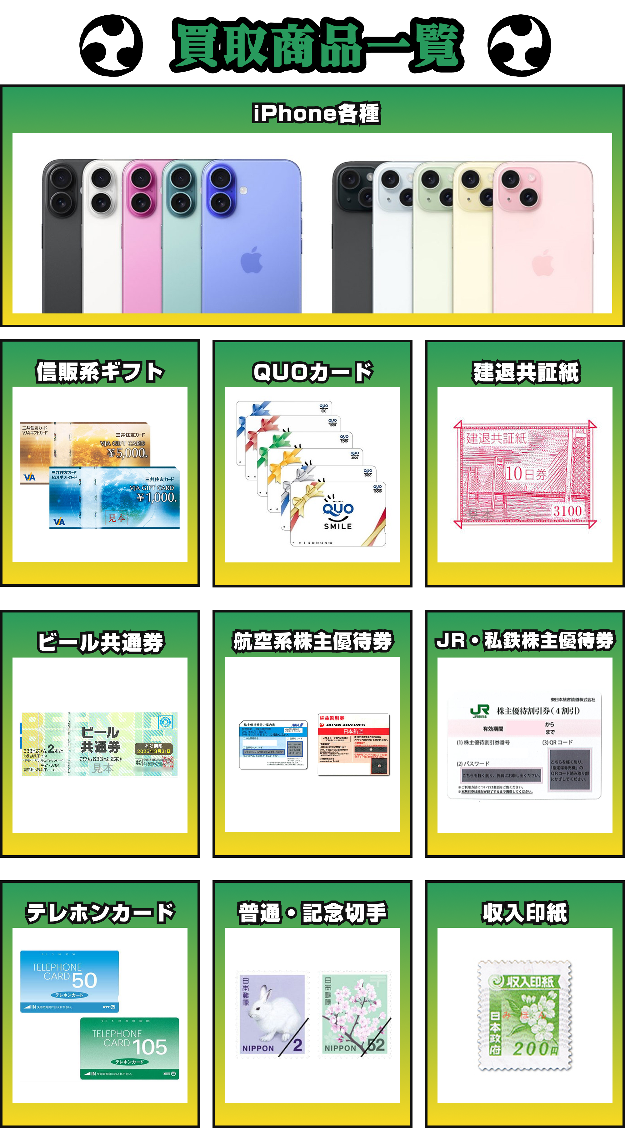 [アイテムリスト]買取商品一覧｜信販系ギフト/QUOカード/建退共証紙/
                        ビール共通券/航空株主優待券/JR・私鉄株主優待券/テレホンカード/普通・記念切手/収入印紙